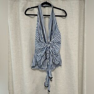 Linen Striped Button-Down Halter Top with a Tie in Front, Backless